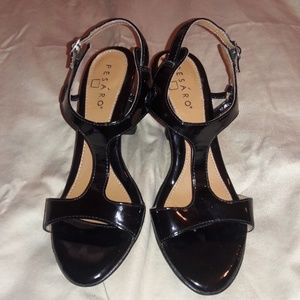 Pesaro Black patent leather open toe heels